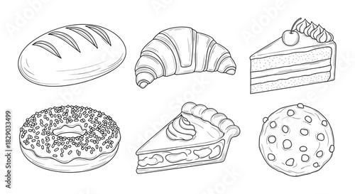 Collection of six different bakery food items as black and white line art drawing