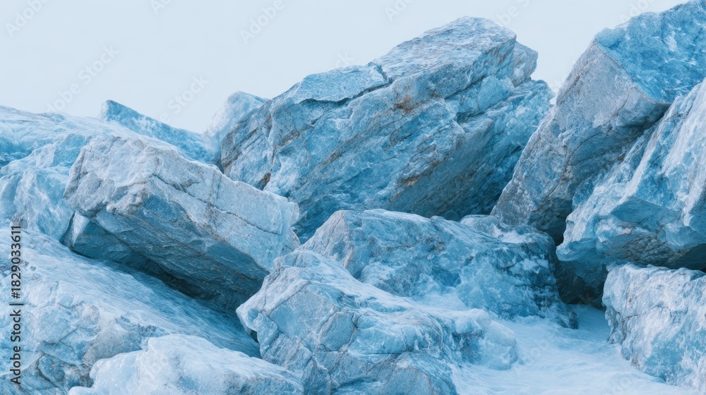 Fototapeta premium Massive blue ice chunks are strewn across a snowy terrain under a clear sky. The scene captures the beauty of a cold, remote location, showcasing nature's striking features.