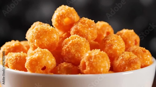 Delicious Cheese Puffs Snack Food in White Bowl Close Up.