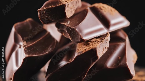 Delicious Dark Chocolate Chunks Close Up on Black Background.