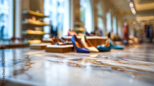 Wallpaper Mural Elegant Shoe Boutique Showcases Stylish Footwear on Marble Surface With Blurred Background Torontodigital.ca