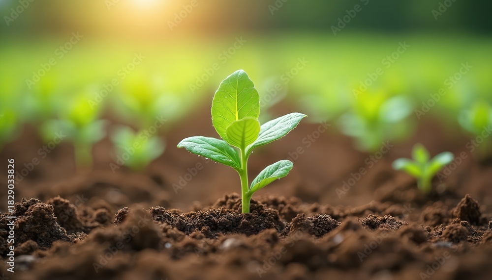 Fototapeta premium Young green soybean sprout emerges from rich dark soil. Tiny plant with fresh leaves grows in field. Sun shines on agriculture scene. New life begins.