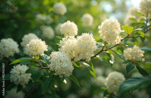 White elderflower blossoms bloom on vivid green branch. Clusters of tiny flowers with fresh green leaves glow in soft morning sun. Natural spring scene with vibrant flora growth. Blooming shrub