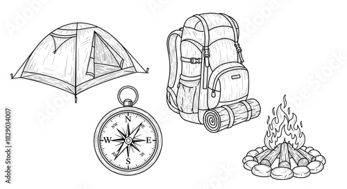 Hand drawn sketch set of camping equipment including tent, backpack, compass, and campfire