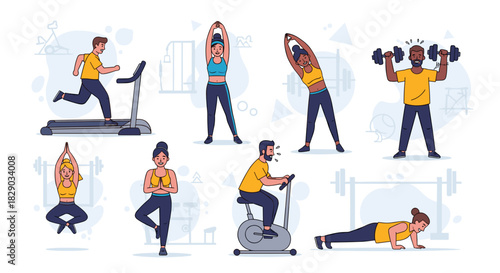 Collection of diverse people exercising and working out in a gym or fitness setting