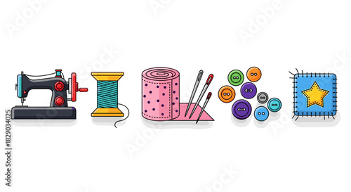 Set of colorful sewing and tailoring craft icons including machine, thread, tape, needle, button, and patch