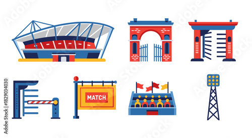 Collection of stadium entrance gate, turnstile, scoreboard, and lighting tower icon set