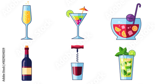 Collection of colorful alcoholic and nonalcoholic cocktail drinks and wine bottle