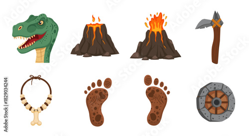 Set of prehistoric and dinosaur icons including volcano, footprint, axe, necklace, and wheel