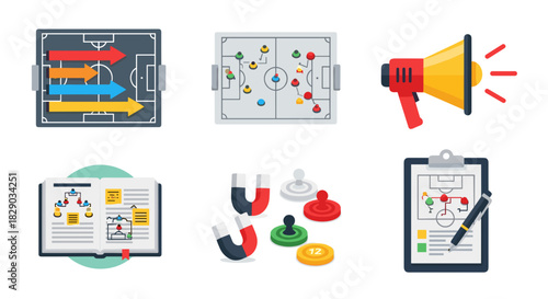 Collection of flat design icon set representing soccer football team strategy, tactic, and coaching