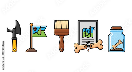 Set of archaeology and paleontology tool icons including pickaxe, flag, brush, document, and bone in jar
