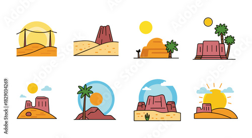 Set of eight colorful flat icon illustrations depicting desert landscape scenes with rock formation