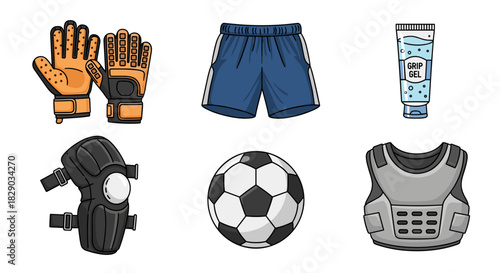 Collection of soccer goalkeeper equipment and protective gear
