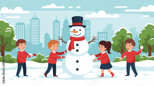 Making a Snowman Children Enjoying a Winter Day in the City with a Festive Snowman