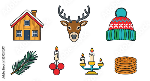 Set of cute winter and christmas holiday icons including house, deer, hat, pine branch, candle, and pancake