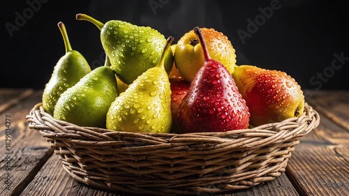 Fresh Pears in a Woven Basket on a Rustic Wooden Table.