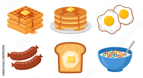 Collection of popular breakfast food items including waffle, pancake, egg, sausage, toast, and cereal