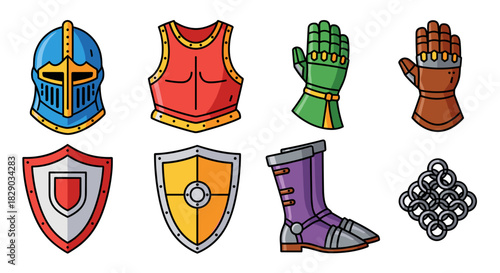 Collection of colorful cartoon medieval knight armor pieces and shield
