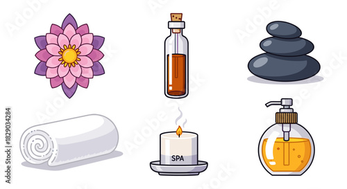 Collection of spa and wellness icons including lotus flower, oil bottle, stacked stone, towel, candle, and soap dispenser