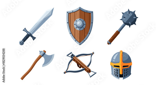 Set of medieval weapon and armor icons including sword, shield, mace, axe, crossbow, and helmet