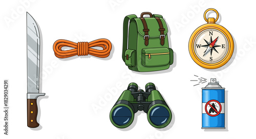 Collection of essential camping and hiking gear including a knife, rope, backpack, compass, binoculars, and bug spray