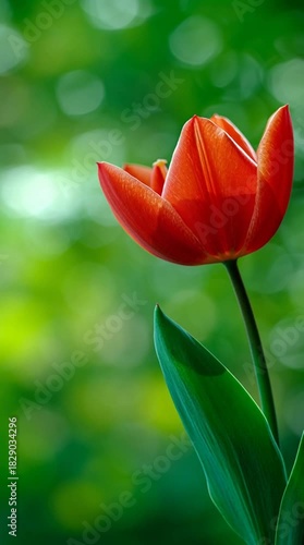 Vibrant red tulip flower with green leaf and blurred bokeh background