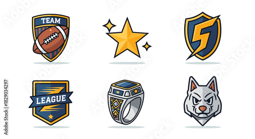 Set of six sports and achievement icons including football, star, shield, ring, and wolf head