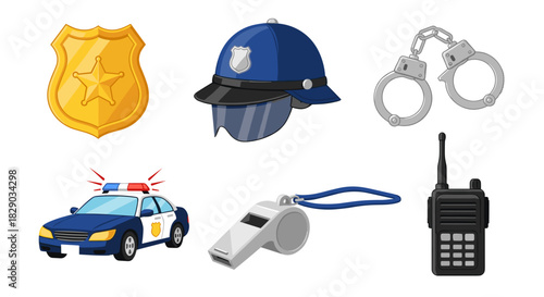 Collection of police equipment icons including badge, helmet, handcuffs, car, whistle, and radio