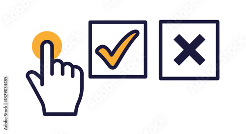 A hand cursor selecting a checkmark option from two choices a check and an x