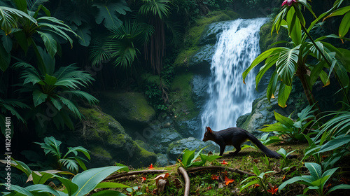 A lush jungle scene with an agouti foraging near a waterfall