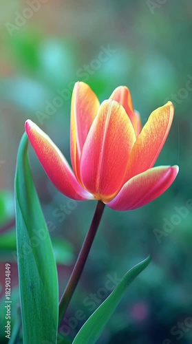 Vibrant tulip flower with green leaf against soft bokeh background