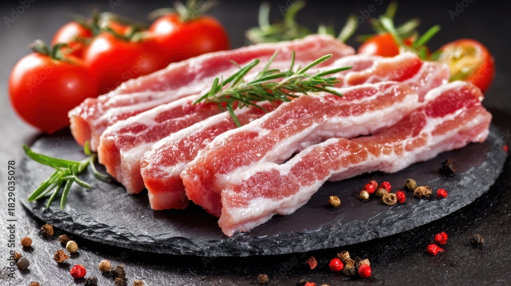 Obraz premium Juicy pork ribs are arranged on a dark stone platter alongside vibrant cherry tomatoes and fresh rosemary, creating a colorful and appetizing scene in the kitchen.