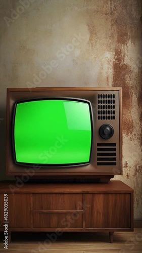 Vintage television with green screen display on wooden cabinet