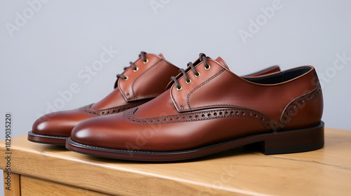 Pair of polished brown leather brogues.