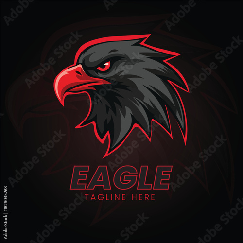 Aggressive black and red eagle head mascot with glowing red eyes, symbolizing power, sport, or strength Vector logo template