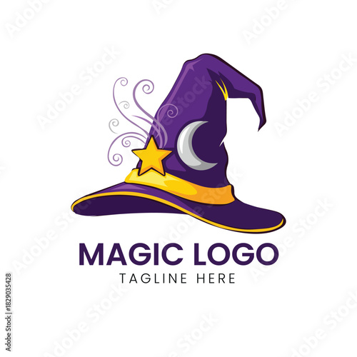 Purple witch or wizard hat decorated with stars and a crescent moon, symbolizing fantasy or enchantment Vector logo template