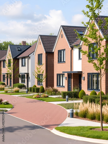 Dutch Suburban area with modern family houses, newly built modern family homes in the Netherlands, dutch family houses in the Netherlands, A row of typical Dutch suburban houses