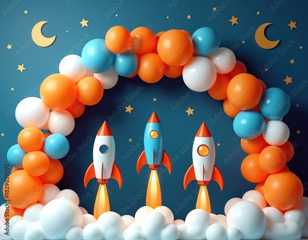 Fototapeta premium Three colorful rockets launch from white clouds against dark blue sky. Arch of orange, blue, white balloons decorates scene. Yellow moons, stars complete space exploration theme. Kids party