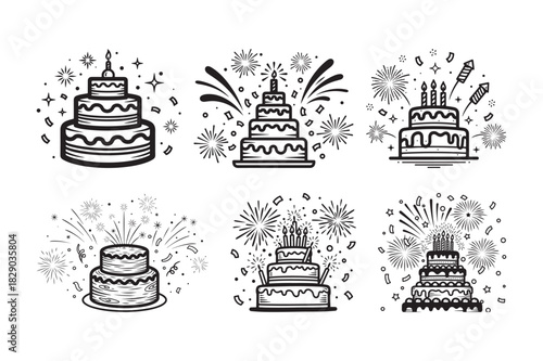 Hand drawn celebration cakes with fireworks illustrations