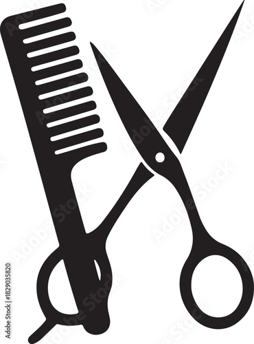 Stylized black icon of scissors and comb for hairdressing