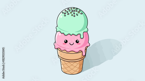 Cute cartoon ice cream cone with pink and green scoops and a happy face.
