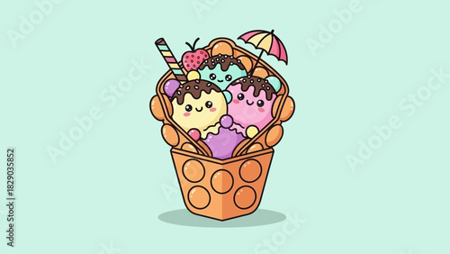 Cute cartoon bubble waffle with ice cream scoops and toppings.