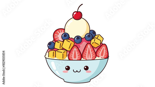 Cute bowl of shaved ice dessert with fruit and ice cream.