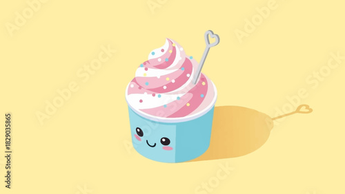 Cute cupcake with pink and white frosting and a heart spoon.