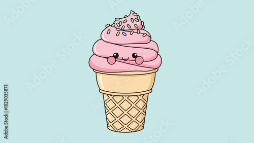 Cute pink ice cream cone with sprinkles illustration.