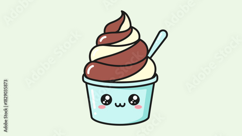 Cute cartoon ice cream swirl in a cup with a spoon.