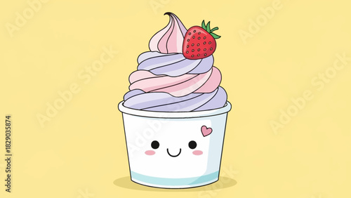 Cute cartoon frozen yogurt in a cup with a strawberry on top.