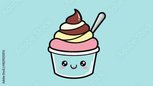 Cute cartoon ice cream cup with pink, yellow, and chocolate layers and a spoon.