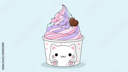 Cute cupcake with pastel frosting and a cat-themed wrapper, adorned with a chocolate heart.