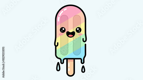A cute, melting rainbow popsicle with a happy face on a light blue background.